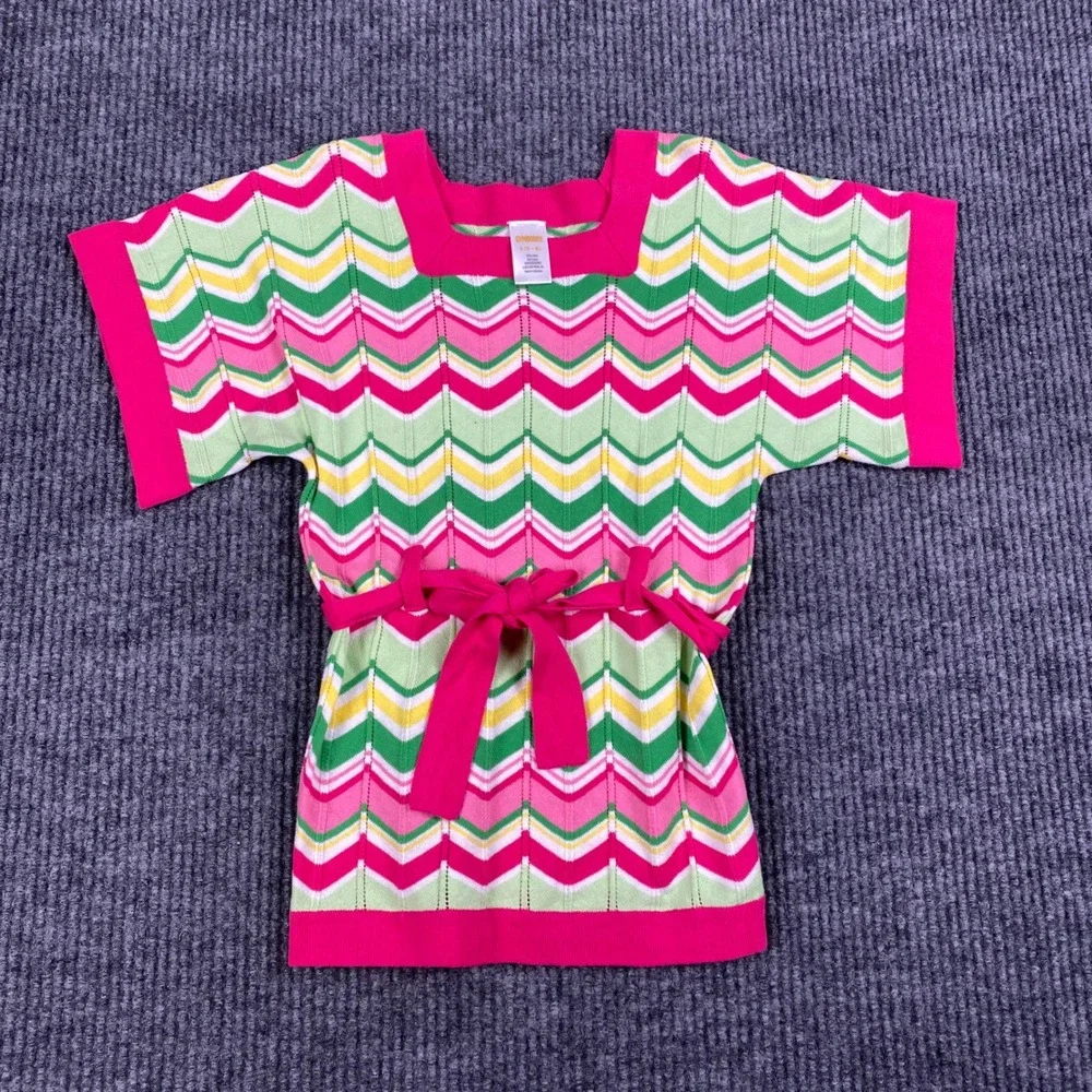 Gymboree Girls Pink Green Chevron Knit Sweater Dress Tie Waist Size S 5-6